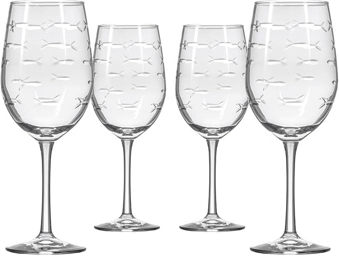 Rolf Glass School of Fish White Wine Glass | 12 ounce Stemmed Set of 4 | Lead-Free Glass | Diamond Wheel Engraved in America