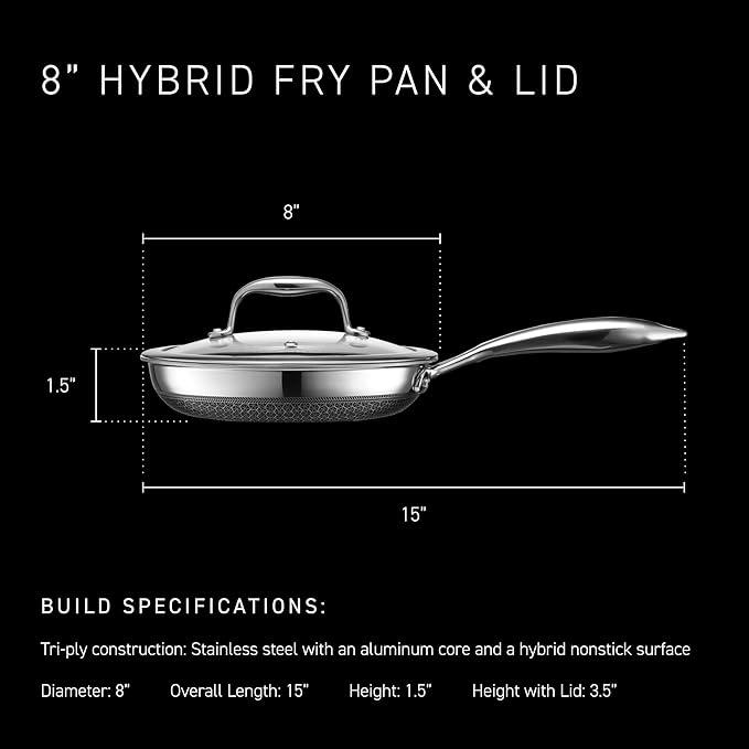 HexClad Hybrid Nonstick 8-Inch Frying Pan with Tempered Glass Lid, Stay-Cool Handle, Dishwasher-Friendly, Oven-Safe Up to 900°F, Induction Ready, Compatible with All Cooktops