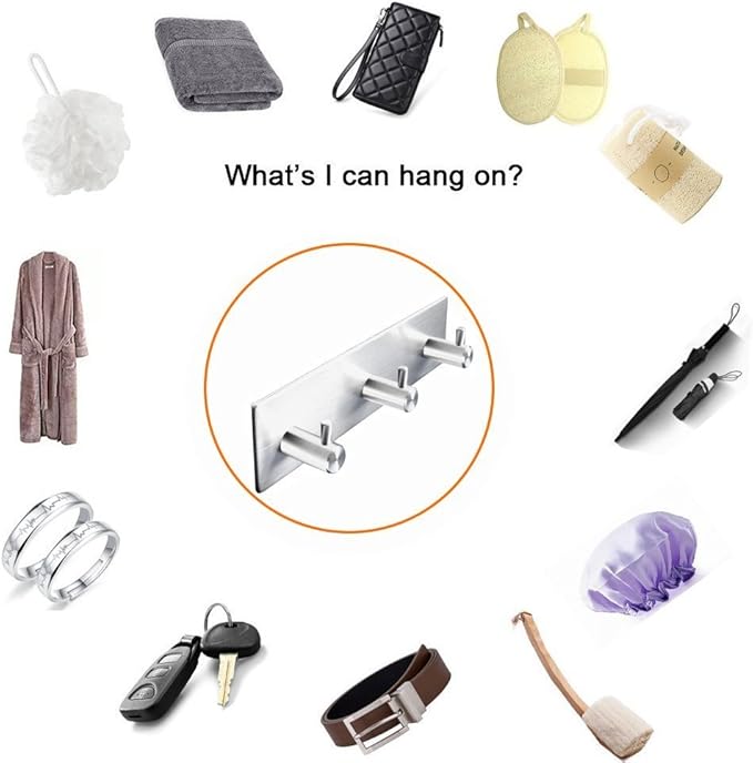 Self Adhesive Stainless Steel Hooks, Wall Mounted Heavy Duty Hanger, Key Rack Towel Hooks for Bathroom, Living Room, Kitchen (3 Hooks)
