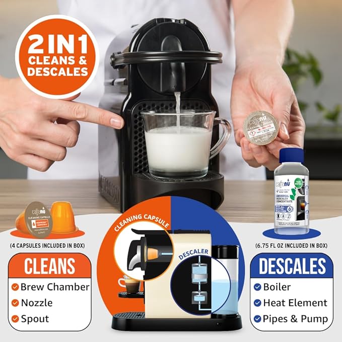 Nespresso Compatible Descaling Kit & Cleaning Pods. 2 Use Descaling Solution & 4 Cleaner Pods. Removes Limescale & Cleans Pod Area. Better Tasting, Hotter Coffee. Nespresso Originaline.
