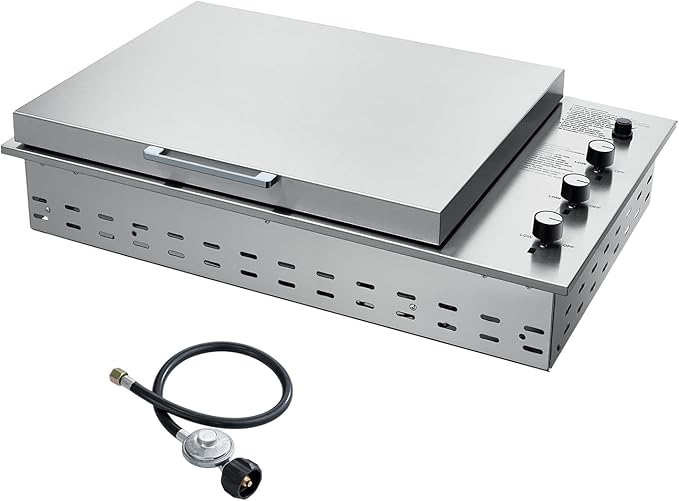 34-Inch Premium Built-In Liquid Propane Griddle for Outdoor Kitchen, 3-Burner Heavy Duty Stainless Steel Flat Top Grill with Lid, 48,000 BTUs, Large Cooking Area for BBQ Island, Outdoor Cooking,Silver