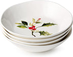 Holly and Vines Dinner Bowls Set of 4, 40 oz Stoneware Bowls 9.5"x2" with Elegant Botanical Design, Microwave & Dishwasher Safe Holiday Tableware for Pasta, Salads, Soups & Seasonal Dining
