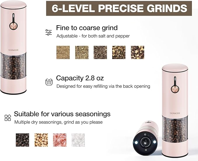 Electric Pepper Grinder and Salt Mill Set - Large Capacity USB Rechargeable Automatic Grinder with Dual LED Lights, One-Handed Operation & Slide Cover - Brushed Stainless Steel