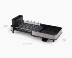 Joseph Joseph Extend Slim Steel Expandable Dish Drying Rack with Removable Cutlery Holder and Swivel Draining Spout, Compact Design, Grey
