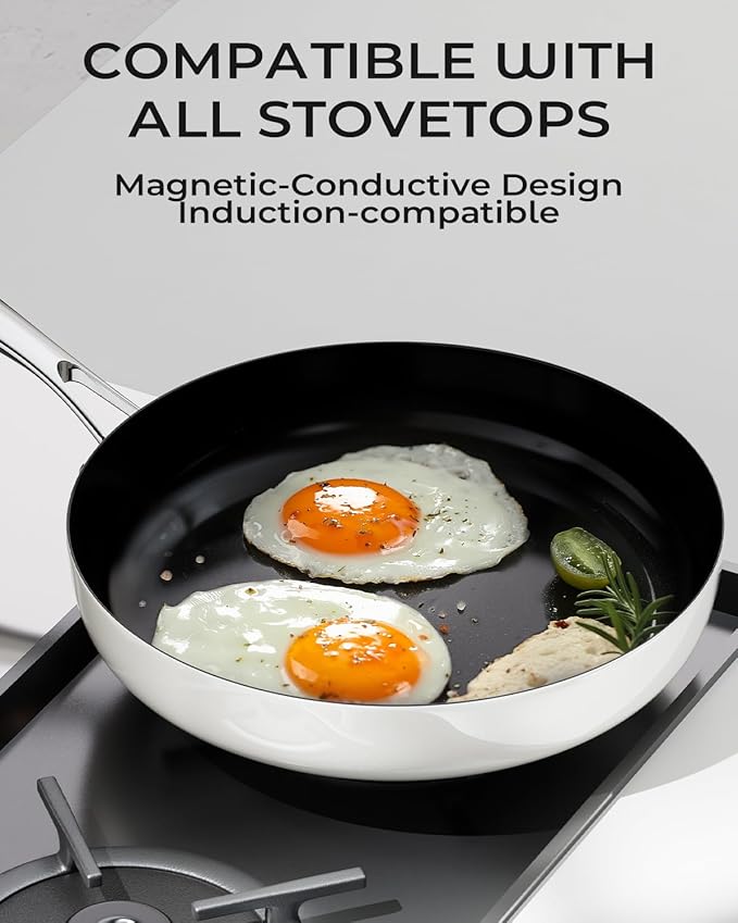 Nonstick Frying Pan Ceramic Cookware Set for Cooking (10.4+11.8 Inch), Tri-Ply Stainless Steel Pan, Non Toxic Skillet, PTFE & PFOA Free, Compatible with All Stovetops, Dishwasher & Oven Safe