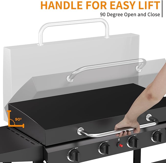 4 Burner BBQ Gas Griddle with Hood, 30 Inch Stainless Steel Portable Detachable Propane Griddle, 60,000 BTU Flat Top Grill with Lid for Camping, Silver