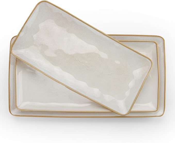 famiware Serving Platter, Rectangular 15.67/14.1/12.6inch Serving Dishes for Entertaining, Microwave Dishwasher Safe, Stoneware Serving Trays for Party, Turkey, Cheese, Ocean Series, Cappuccino White