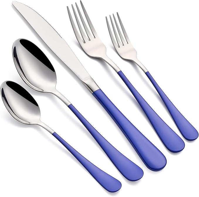 20-Piece Blue Silverware Set 18/0 Stainless Steel Silverware Set Blue Handle Cutlery Set Service for 4 Dinner Knives Forks Spoons Set Flatware Set Finish Dishwasher Safe