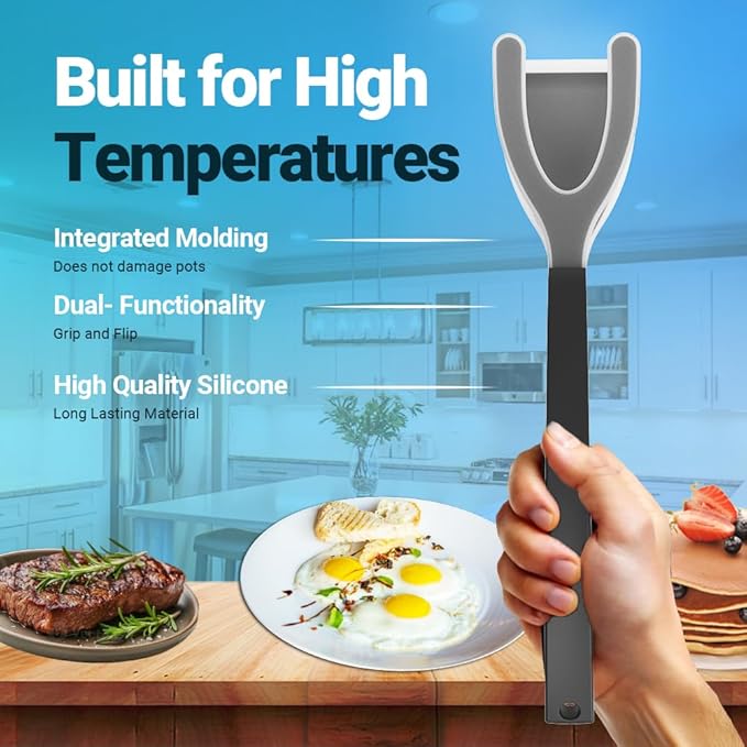 Silicone Egg Flipper Spatula Tongs (Set of 1) – Non-Stick 2-in-1 Grip & Flip Kitchen Tongs for Pancakes, Fish, Eggs, and More – Heat Resistant Cooking Tool (Black) (Black)