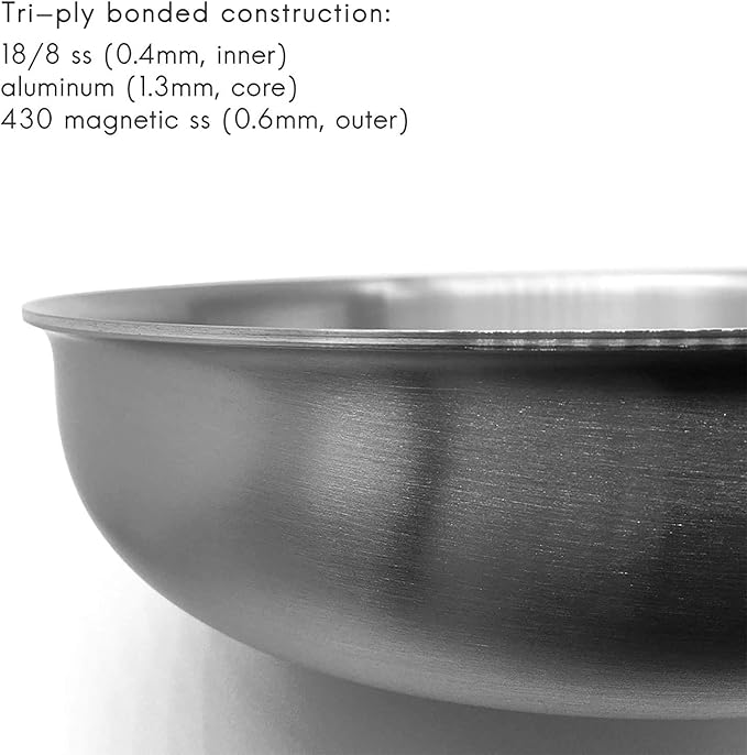 Fortune Candy 8-Inch Fry Pan with Lid, 3-ply Skillet, 18/8 Stainless Steel, Dishwasher Safe, Induction Ready, Silver