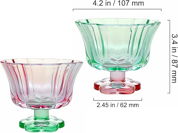 Ice Cream Bowls Drinking Glass Cups Set of 2 (Pink & Green), Flower Petal Style Glasses, 8.5oz, Suitable for Ice cream, Cocktails, Dessert & More.