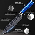 SENKEN 8-Piece Japanese Knife Set - Blue Resin Handle, Laser Damascus Blades - Chef's, Santoku, Bread & Paring Knives