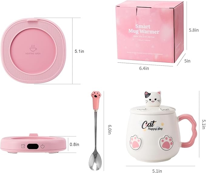 Bsigo Smart Coffee Mug Warmer & Cute Cat Mug Set, Coffee Beverage Cup Warmer for Desk Home Office, Candle Warmer Plate for Cocoa Milk Tea Water with 3 Temperature Up to 149℉/ 65℃, 8 Hour Auto Shut Off