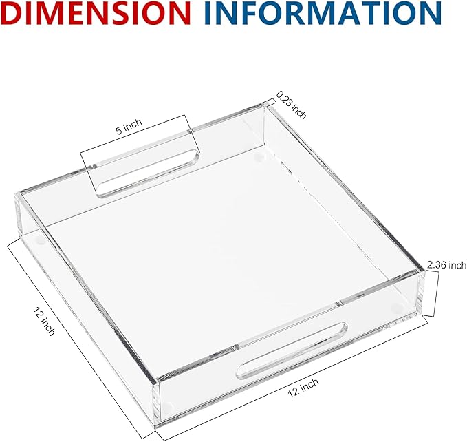 Acrylic Serving Tray with Handles-12x12x2.36Inch-Decorative Tray Letter Tray Organizer for Ottoman Coffee Table Countertop, Clear