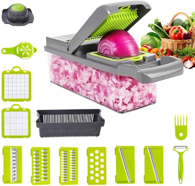 Vegetable Chopper, Veggie Chopper with Container and Lid, Kitchen Vegetable Slicer, Cheese and Onion Slicer, Multifunctional Food Chopper (Black)