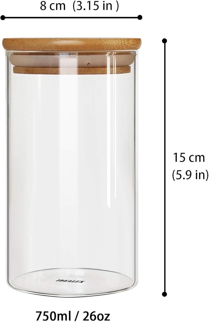 Glass Storage Jar With Airtight Seal wooden, Lid, 25 Ounce Set of 2, 750ml Coffee Bean and Kitchen Food Container