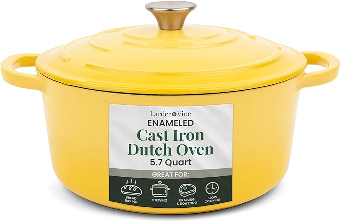 Larder & Vine Enameled Cast Iron 5.7qt Dutch Oven Pot with Lid | Bread Baking | Compatible on All Cooktops & Oven Safe to 500° F | Great for Sourdough Bread | Limoncello