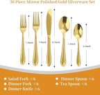 Gold Silverware Set, 30 Piece Flatware Cutlery Set for 6,18/0 Stainless Steel Utensils,Mirror Polished Modern Tableware for Home & Kitchen Dining Wedding, Party