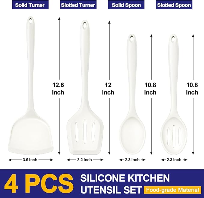 P&P CHEF Kitchen Utensil Set, 4 Pieces Non-stick Silicone Cooking Utensils, Heat-resistant Slotted Solid Spoon Turner for Frying, Mixing, Serving, Non-toxic & Easy to Clean, White