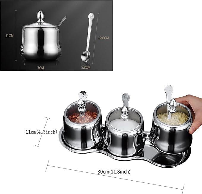 TENTA TENTA KITCHEN 18/8 Stainless Steel Seasoning Box Condiment Jar Set Spice Jar Spice Rack Condiment Cruet Bottle Salt Pepper Sugar Storage Organizers with 3 Serving Spoons (Glass Lids)