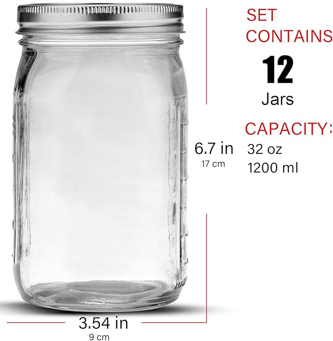 Bedoo Mason Jars 32 oz, 12 Pack Quart Mason Jars With Wide Mouth Lids, Glass Jars for Canning, Food Storage, Meal Prep, Overnight Oats, Fermenting, Pickling, DIY Projects