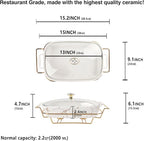 13" x 9" Ceramic Casserole Dish with Glass Lid and rack, 2.2 Quart Serving Soup Tureen,Chafing Dish for Buffet, Family Food preserve Tray, Catering Casserole for Party Style