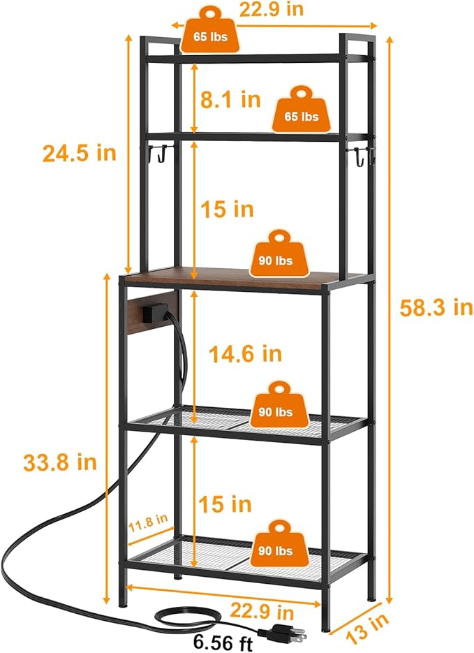 S1 Kitchen Bakers Rack with Power Outlet, Microwave Stand with Storage 5-Tiers, Freestanding Coffee Bar Table with 4 Hooks, Kitchen Storage Shelf 13" D x 22.9" W x 58.3" H, Rustic Brown