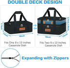 Double Decker Insulated Casserole Carrier for Hot or Cold Food, Expandable Insulated Food Carrier for Parties, Picnic, Beach, Fits 9"x13" Baking Dish (Black)