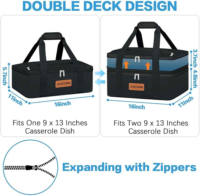 Double Decker Insulated Casserole Carrier for Hot or Cold Food, Expandable Insulated Food Carrier for Parties, Picnic, Beach, Fits 9"x13" Baking Dish (Black)
