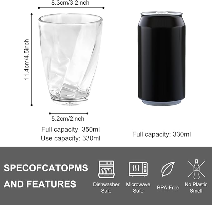 Topsky 12-ounce Plastic Water Tumblers | Set of 4 Transparent Unbreakable Drinking Glasses Clear Acrylic Reusable Juice Wine Cups for Home Picnic Party, Dishwasher Safe, Stackable