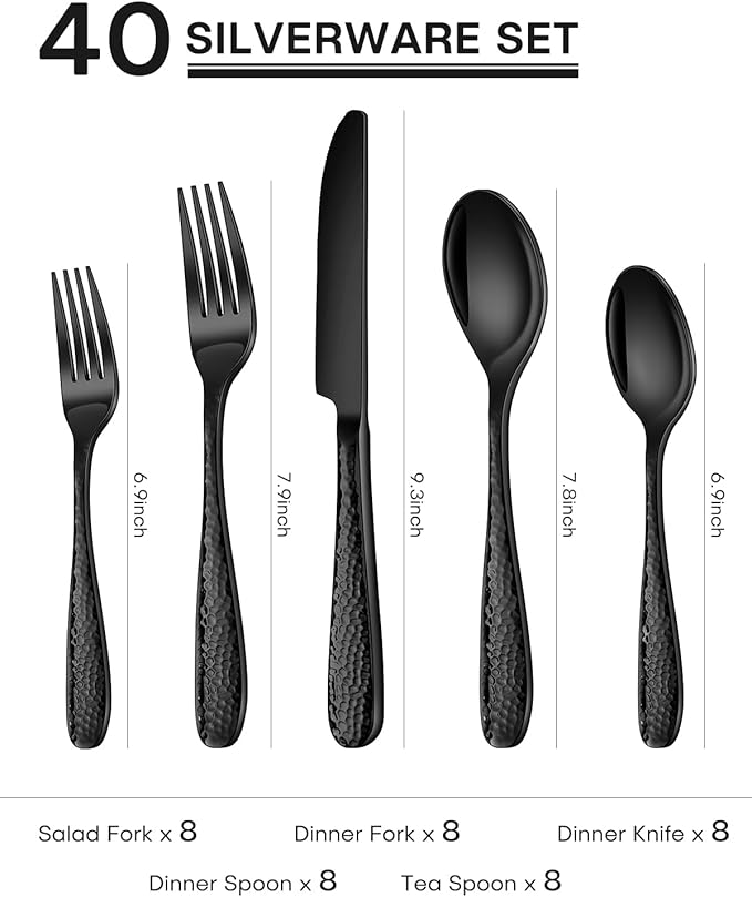 Hammered Silverware Set, Ollex 40-Piece Black Flatware Set for 8 Mirror Finish Stainless Steel Eating Utensils Sets Include Forks Spoons and Knives Tableware Kitchen Cutlery Sets, Dishwasher Safe
