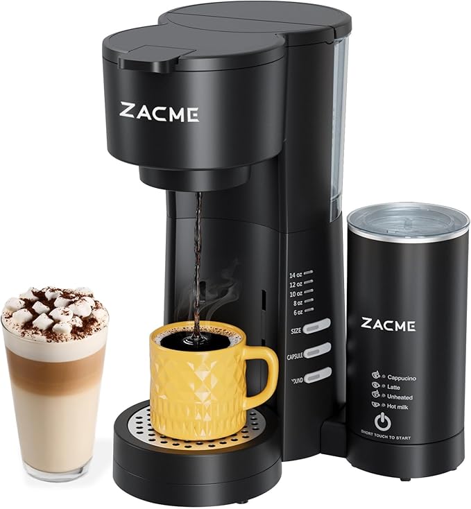 ZACME Single Serve Coffee Maker with Milk Frother, Coffee Machine with Brewing & Frothing System, 28oz Water Tank, Adjustable Brew Strength, Quick Brew, Self-Cleaning
