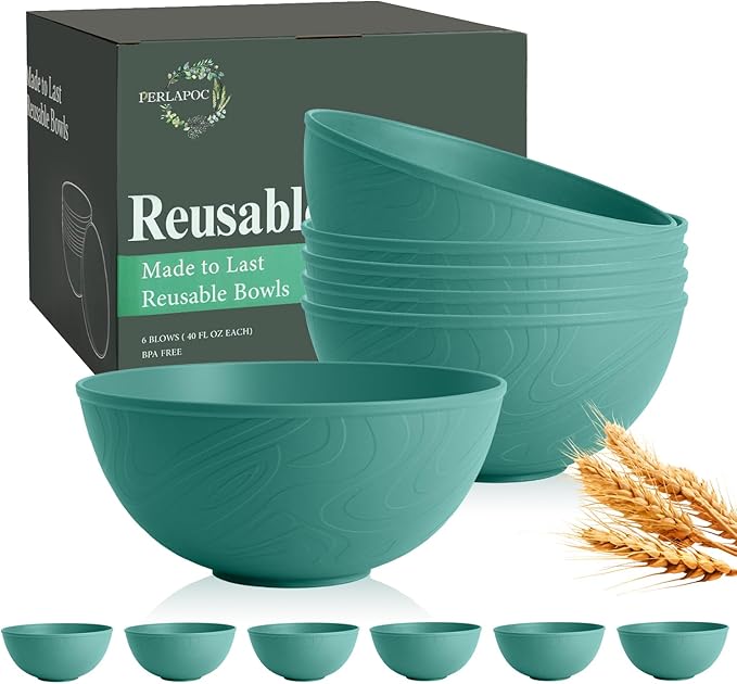 40 OZ Wheat Straw Bowl Sets, 6 PCS Unbreakable & Lightweight Salad Bowls, Microwave & Dishwasher Safe, BPA-Free, Kitchen Bowl Set for Serving, Soup, Oatmeal, Fruit, Noodles, Green
