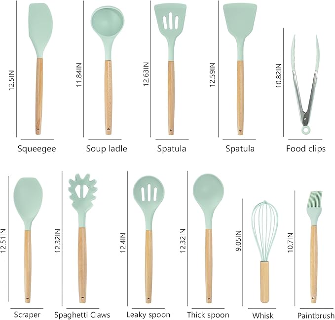 Cooking Utensils Set - 19 Piece Set with 11 Spatulas, 6 Sharp Knives, Silicone Utensils & Cutting Board (Green)