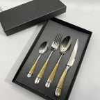 16-Piece Premium Stainless Steel Flatware Set with Gold Diamond Pattern Handle, Modern Silverware Silver and Gold,Christmas gift (4x4 Set)