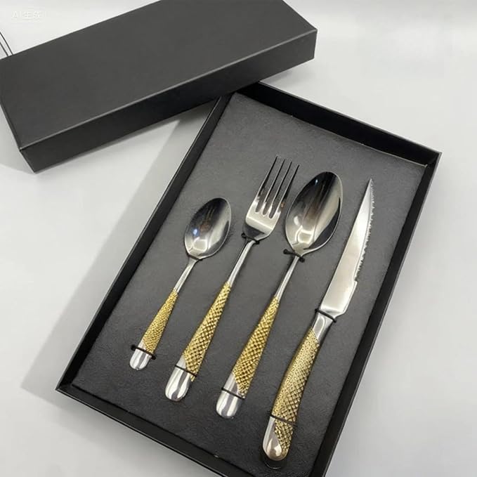 16-Piece Premium Stainless Steel Flatware Set with Gold Diamond Pattern Handle, Modern Silverware Silver and Gold,Christmas gift (4x4 Set)