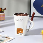 Honeydak Chocolate Fondue Mug with Fork and Candle Sweet Ceramic Personal Chocolate Melting Cup Chocolate Fondue Mug Ideal Gifts for Birthday Date Night Birthday Wedding Gifts (White)