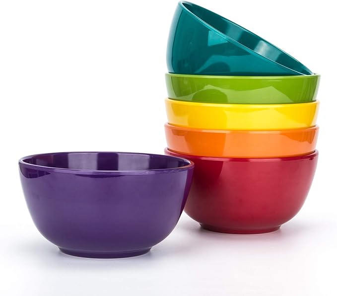 KX-WARE Melamine Bowls set - 28oz 6inch 100% Melamine Cereal/Soup/Salad Bowls, Set of 6 in 6 Assorted Colors | Shatter-Proof and Chip-Resistant Dishwasher Safe, BPA Free