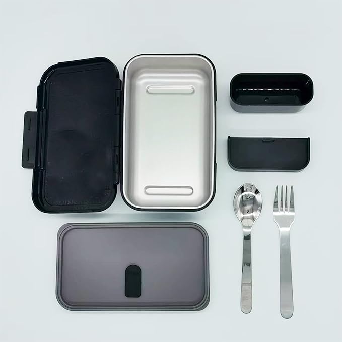 Stainless Steel Bento Box for Adults - Leakproof Microwave Safe Lunch Box for Work, Meal Prep and On the Go with Utensils & Canvas Bag (Black)