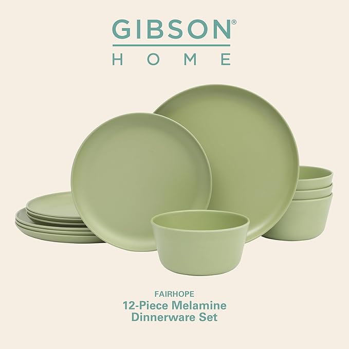 Gibson Home Fairhope 12 Piece Melamine Dinnerware Set - Matte Green