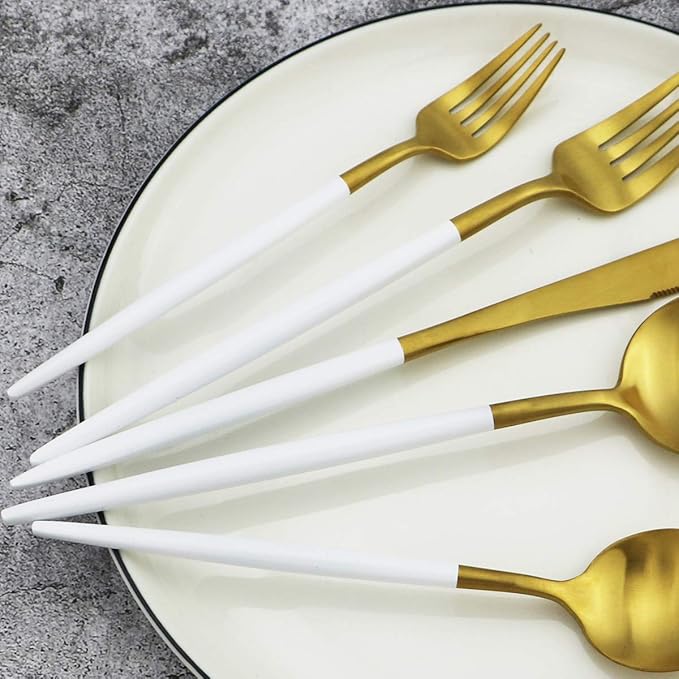 Gugrida 20-Piece 18/10 Stainless Steel Flatware Silverware, Luxury Dinnerware Set Travel Cutlery Tableware Include Knife Fork Spoon Service for 4, Dishwasher Safe (White Handle Matte Gold)