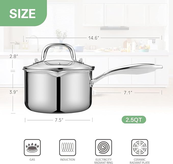 Tri-Ply Stainless Steel Sauce Pan with Steamer Basket & Strainer Glass Lid–Multi-Function Pot 2.5 QT- Modern Sleek Design–Safe,Chemical-Free& Stylish Cookware–Upgrade Your Kitchen with Healthy Cooking