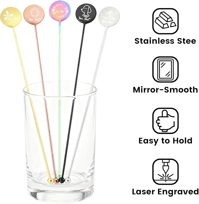 6.89inch Custom Drink Stirrers, Metal Stir Sticks 3 Count Personalized Beverage Stirrers, Stainless Steel Swizzle Sticks for Wedding Cocktail (Gold)