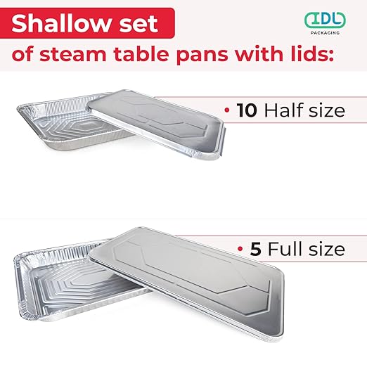 IDL Packaging Aluminum Foil Pans with Lids, Shallow - 15 pc Chafing Dish Set - 5 Full Size and 10 Half Size Steam Table Pans + Lids - Disposable Cookware for Catering, Buffet, Party, BBQ