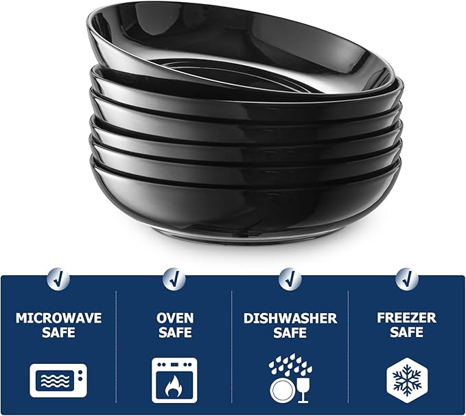 Y YHY Pasta Bowls 30oz, Large Salad Serving Bowls, Shallow Soup Bowls, Porcelain Pasta Bowls Set of 6, Microwave Dishwasher Safe, Black