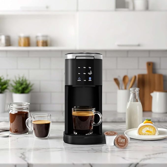 Kndko Single Serve Coffee Maker for Capsule and Ground Coffee, 6 to 14oz Brew Sizes, 40oz Removable Reservoir, Fast Brew, Compact Design, Travel Mug Friendly, Black