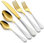 20-Piece White and Gold Silverware Set 18/0 Stainless Steel Silverware Set White Handle Cutlery Set Service for 4 Dinner Knives Forks Spoons Set Flatware Set Finish Dishwasher Safe