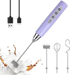 YUSWKO Light Purple Handheld Milk Frother Wand for Coffee, Rechargeable Electric Whisk with 3 Heads 3 Speeds Drink Mixer Coffee Frother For Latte, Cappuccino, Hot Chocolate, Egg