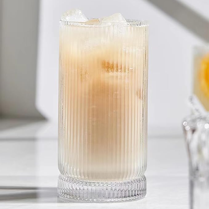 Ribbed Highball Glasses 16 oz - Set of 4 Vertical Drinking Glassware - Fits For Home Bars, Offices, or Restaurants - Water Glass Cups Dishwasher Safe