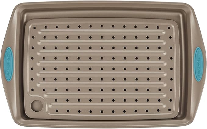 Rachael Ray Cucina Nonstick Bakeware Set with Grips, Nonstick Cookie Sheet / Baking Sheet and Crisper Pan - 2 Piece, Latte Brown with Agave Blue Handle Grips